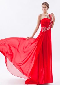 Red Appliques One Shoulder Beading Prom Dress in Chiffon