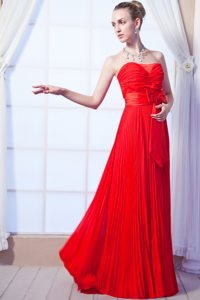 Strapless Red Empire Pleated Prom Dress with Bow Floor-length