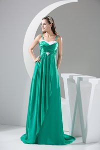 Green Spaghetti Straps Ruching Ruffled Sweep Train Prom Gowns