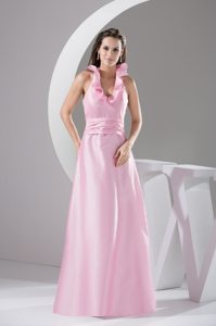 Princess Floor-length Pink Prom Gown with Flouncing Halter Top
