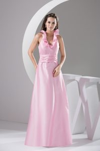 Princess Floor-length Pink Prom Gown with Flouncing Halter Top