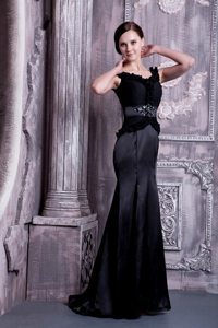 Elastic Woven Satin Black Straps Beaded Prom Evening Dress