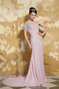 One Shoulder Beaded Prom Dress with Single Open Sleeve