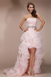 Floor Length Baby Pink Homecoming Dress Organza Brush Train Sleeveless Beading