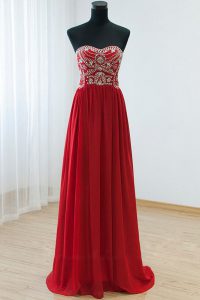 Red Column/Sheath Beading Prom Dress Zipper Chiffon Sleeveless Floor Length