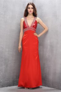 Noble Coral Red Criss Cross V-neck Beading Dress for Prom Satin Sleeveless