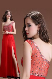 One Shoulder Red Sleeveless Beading Floor Length Evening Dress