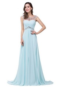 Extravagant Light Blue Zipper Scoop Beading Prom Gown Chiffon Sleeveless Brush Train