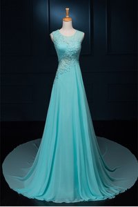 Fabulous Scoop With Train Column/Sheath Sleeveless Baby Blue Evening Dress Brush Train Zipper