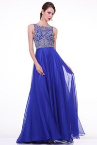 Edgy With Train Royal Blue Dress for Prom Chiffon Brush Train Sleeveless Beading and Ruching