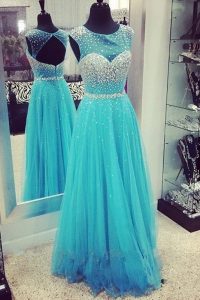 Unique Scoop Sleeveless Floor Length Beading Zipper Prom Party Dress with Turquoise