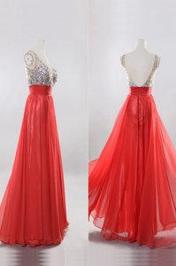 Floor Length Coral Red Dress for Prom Chiffon Sleeveless Beading