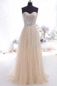 Super Scoop Sleeveless Floor Length Beading and Belt Backless Dress for Prom with Peach