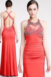 Watermelon Red Column/Sheath Chiffon Scoop Sleeveless Beading Floor Length Criss Cross Prom Dresses