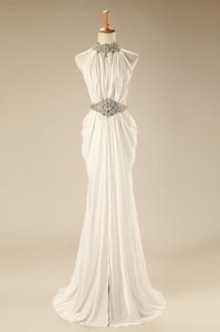 Custom Designed White Sleeveless Beading and Belt Zipper Prom Dress
