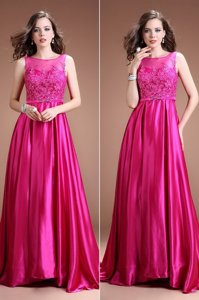 Hot Pink Evening Dress Prom and Party and For with Beading and Appliques Bateau Sleeveless Zipper