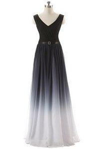 Customized Sleeveless Chiffon Floor Length Lace Up Prom Party Dress in Black for with Belt