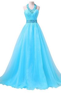 Free and Easy Halter Top Floor Length Column/Sheath Sleeveless Aqua Blue Prom Party Dress Lace Up