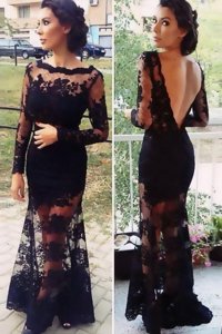 Scalloped Long Sleeves Homecoming Dress Floor Length Lace Black Organza