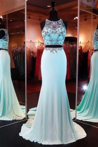 Exceptional Mermaid Scoop Sleeveless Chiffon With Brush Train Zipper in Aqua Blue for with Beading