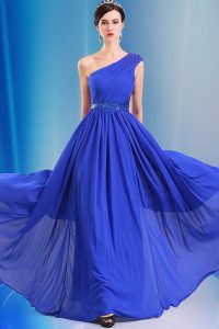 Custom Made One Shoulder Royal Blue Sleeveless Ruching and Belt Floor Length Prom Gown