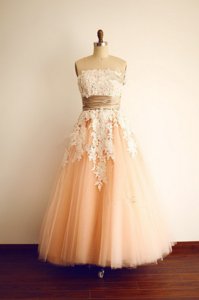 Cute A-line Homecoming Dress Peach Strapless Organza Sleeveless Floor Length Zipper