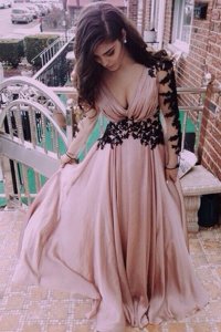 Pink Long Sleeves Floor Length Ruching Zipper Prom Gown