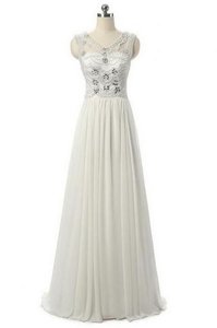 Exceptional White Zipper Prom Gown Beading Sleeveless Floor Length