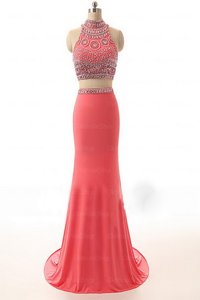 Sleeveless Satin Brush Train Backless Prom Dresses in Watermelon Red for with Beading and Appliques and Belt