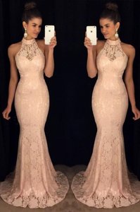 Spectacular Mermaid Halter Top Sleeveless Chiffon With Brush Train Backless Evening Dress in Baby Pink for with Lace