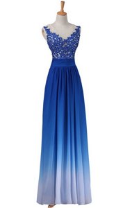 Floor Length Blue Prom Evening Gown Chiffon Sleeveless Lace