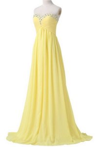 Light Yellow Sleeveless Brush Train Beading and Ruching With Train Dress for Prom