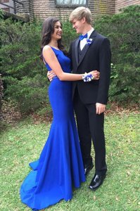 Mermaid Scoop Beading Homecoming Dress Royal Blue Zipper Sleeveless With Brush Train