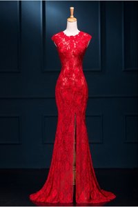 Excellent Mermaid Scoop Lace Prom Gown Red Zipper Sleeveless Floor Length