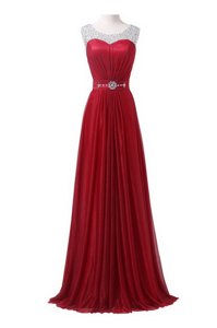 Wine Red Chiffon Zipper Scoop Sleeveless With Brush Train Beading and Ruching