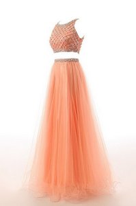 Orange A-line Organza Scoop Sleeveless Beading and Belt Side Zipper Homecoming Dress Sweep Train