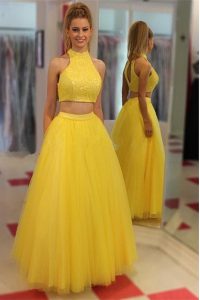 Modern Yellow Column/Sheath High-neck Sleeveless Chiffon Floor Length Zipper Sequins Prom Gown