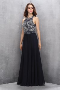 Low Price Floor Length Black Prom Dress Scoop Sleeveless Backless