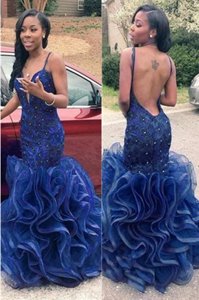 Navy Blue Mermaid Spaghetti Straps Sleeveless Chiffon Floor Length Backless Ruffles Homecoming Dress