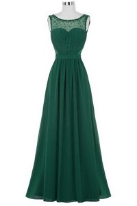 Scoop Dark Green Sleeveless Beading and Ruching Floor Length Prom Gown