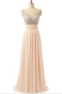 Peach Side Zipper Scoop Beading and Sequins and Belt Dress for Prom Organza Sleeveless Sweep Train