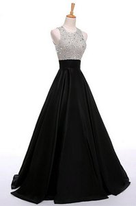 Chic A-line Prom Evening Gown Black Scoop Satin Sleeveless Floor Length Zipper
