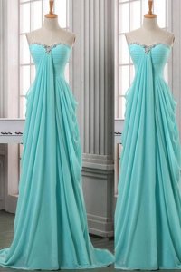 Extravagant Turquoise Dress for Prom Prom and Party and For with Ruching Sweetheart Sleeveless Brush Train Zipper