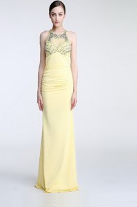 Scoop Light Yellow Sleeveless Floor Length Beading and Ruching Criss Cross Prom Party Dress