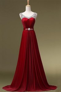 Great Scoop Beading and Belt Prom Dresses Wine Red Zipper Sleeveless Brush Train