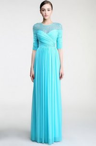 Fashion Scoop Sleeveless Floor Length Beading and Ruching Zipper Prom Party Dress with Aqua Blue