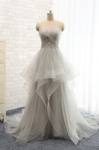 Silver Lace Up Prom Dresses Ruching Sleeveless With Brush Train