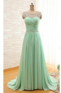 Stunning Scoop Apple Green Sleeveless Chiffon Brush Train Zipper Prom Dress for Prom and Party