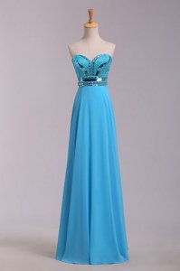 Sleeveless Chiffon Floor Length Zipper Prom Gown in Baby Blue for with Beading and Belt