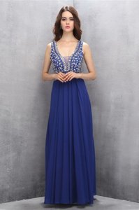 Floor Length Blue Evening Dress V-neck Sleeveless Zipper